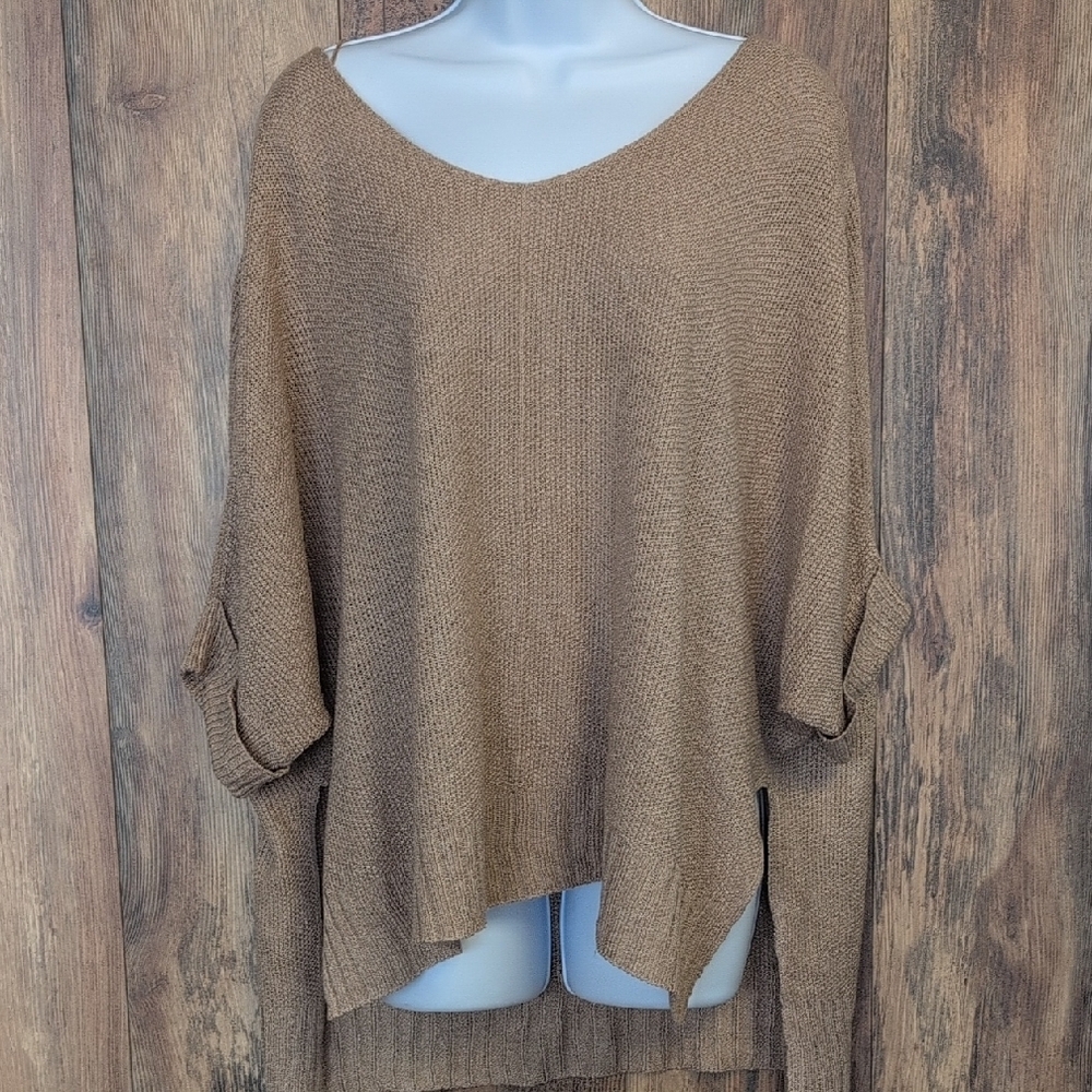 Bluivy Tan V-Neck 1/2 Sleeve Oversized Sweater S/M